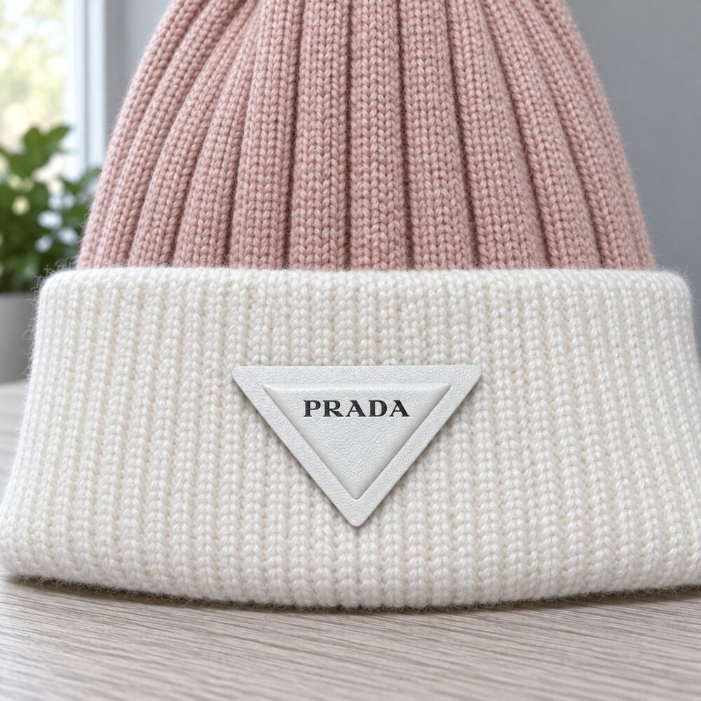 Prada Pink White Pom Pom Knit Beanie - Picture 5 of 6